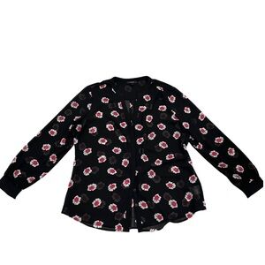 Alfani Beaded Sheer Floral Blouse Black Pink Size Large